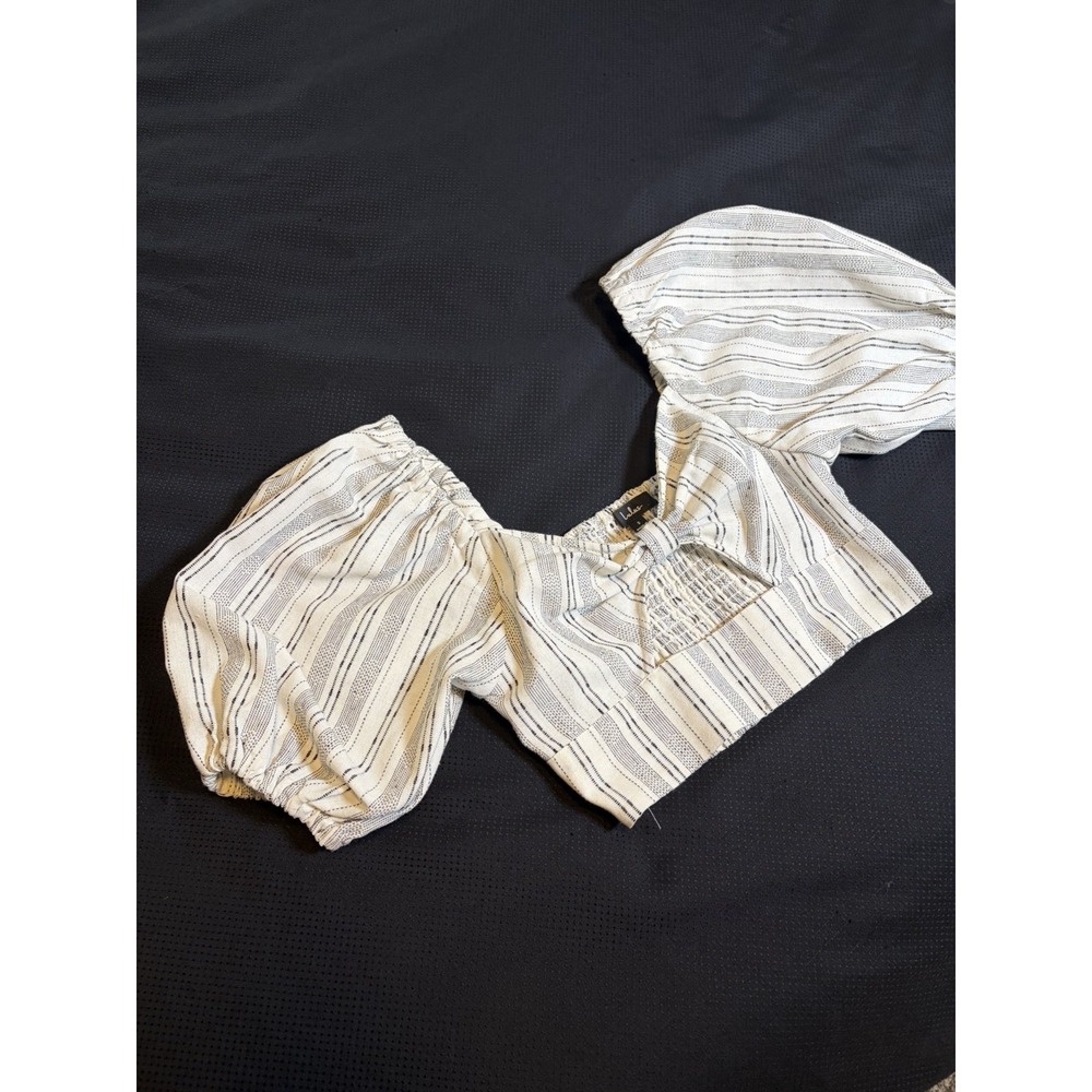Lulu's Striped Crop Top~S~Linen Bld Balloon Slv Sweetheart Nk Milkmaid Coquette